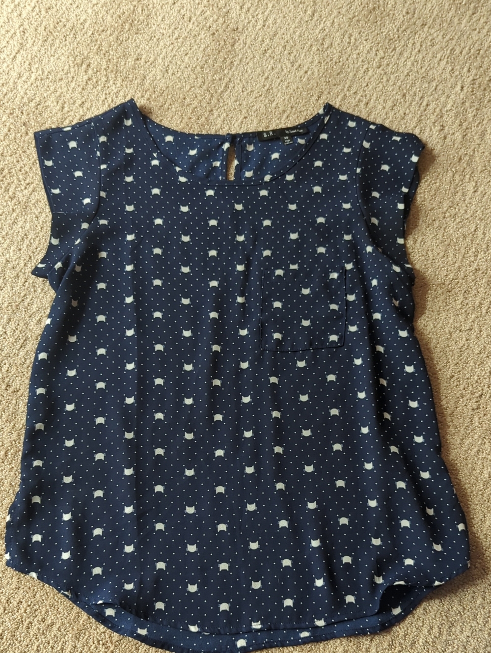 Sweet Rain Navy Blouse with White Cat Motif